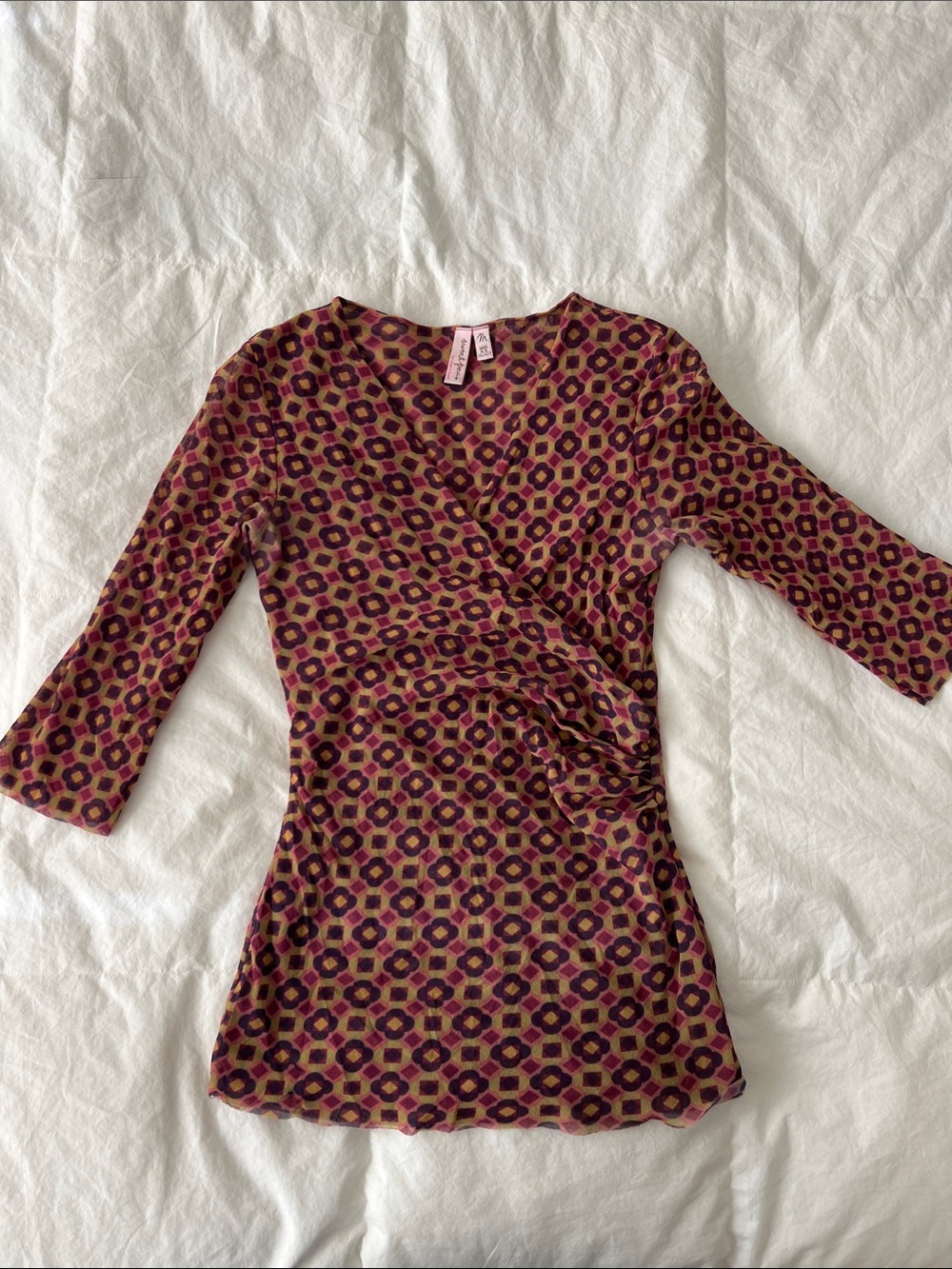 Sweet Pea Wrap-Style Geometric Print Top in Burgundy and Mustard